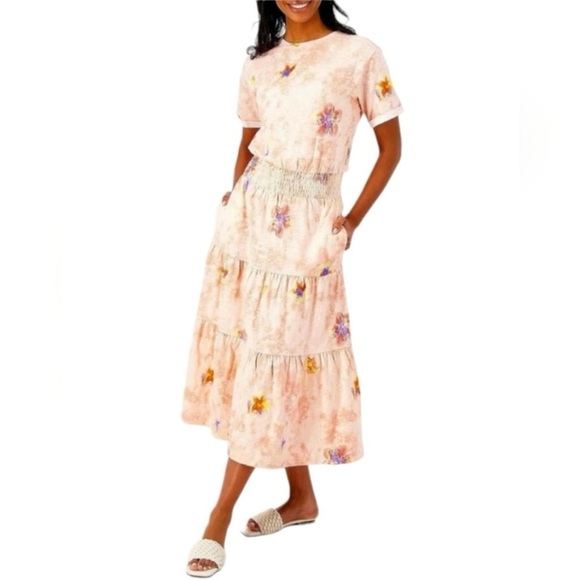 Peace Love World Peach w Lav/Yellow/Orng Floral Tier Midi Dress size large - Picture 1 of 9